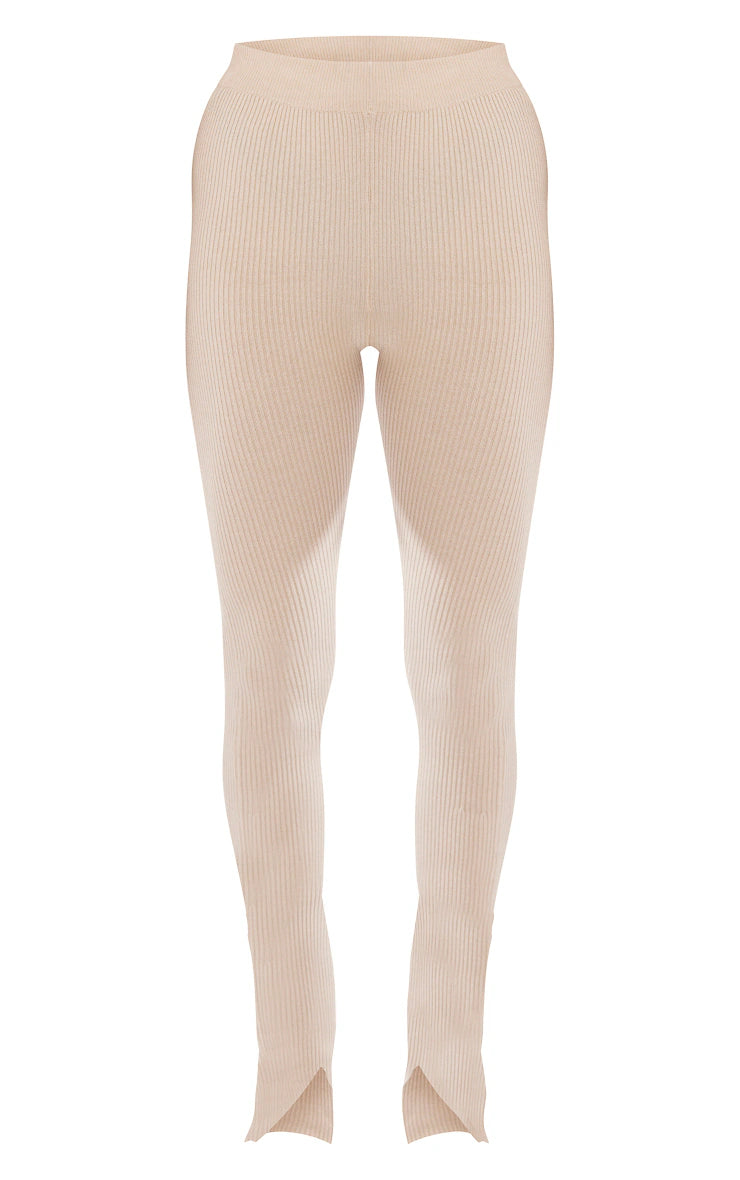 Oatmeal Knitted Split Hem Flare Pants