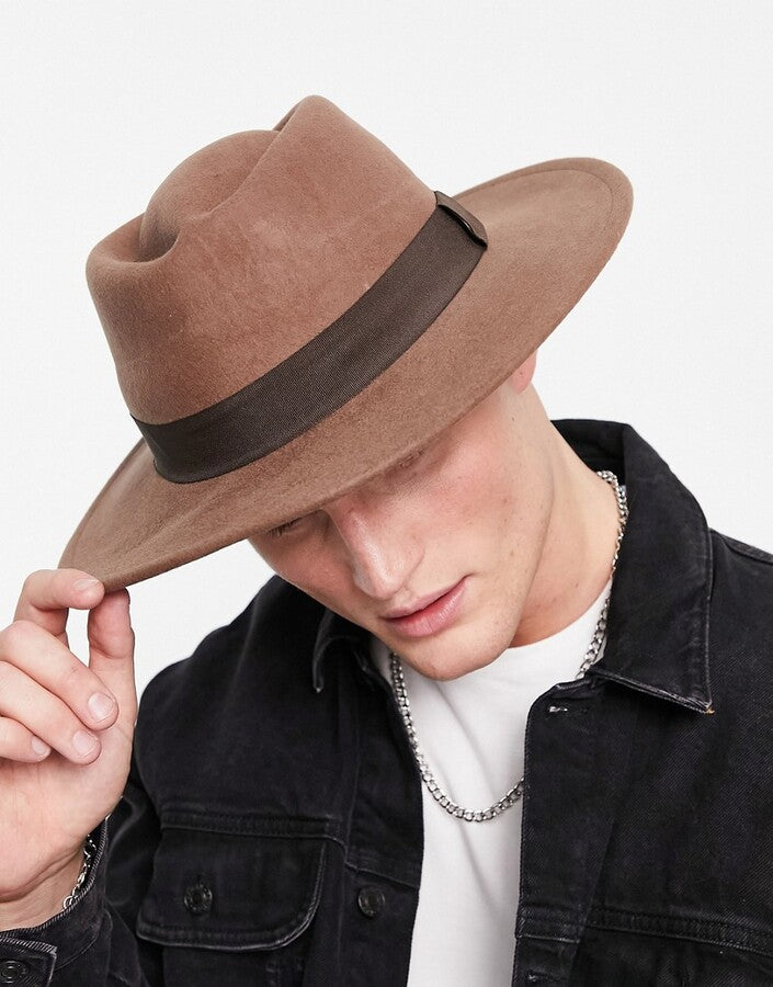 Wool Wide Brim Pork Pie Hat In Camel With Band And Size Adjuster