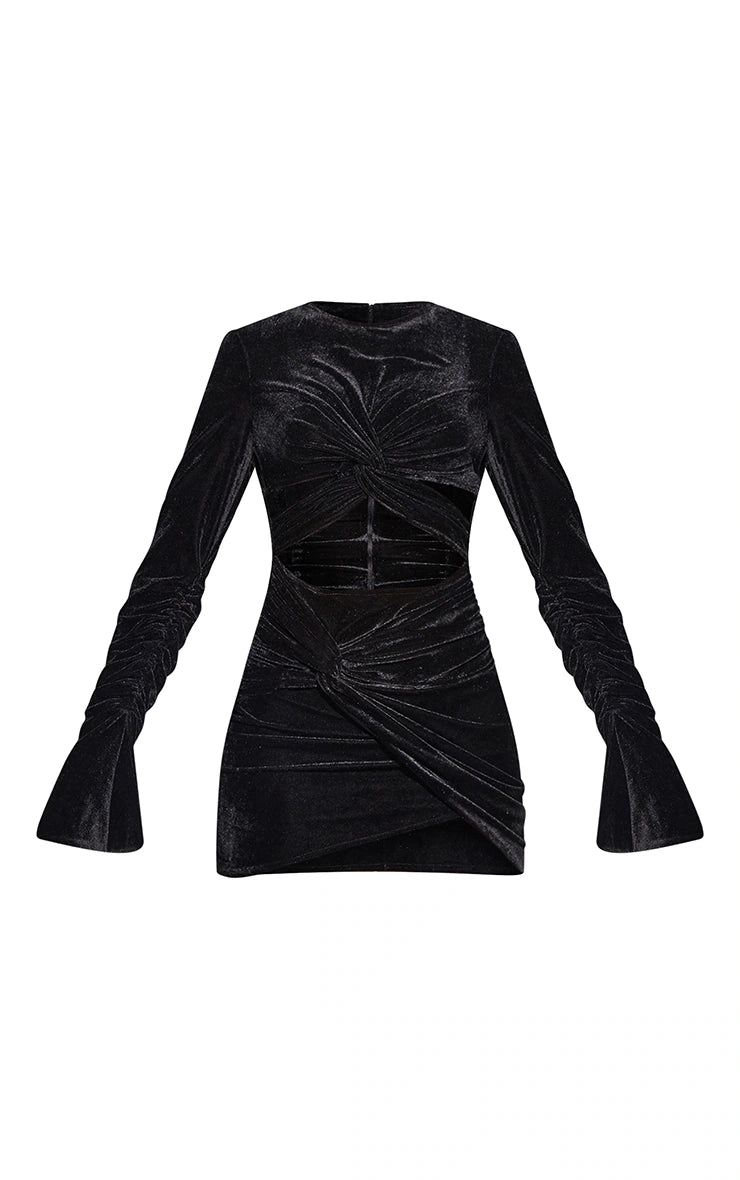 Black Velvet Twisted Cut Out Detail Ruched Sleeve Bodycon Dress