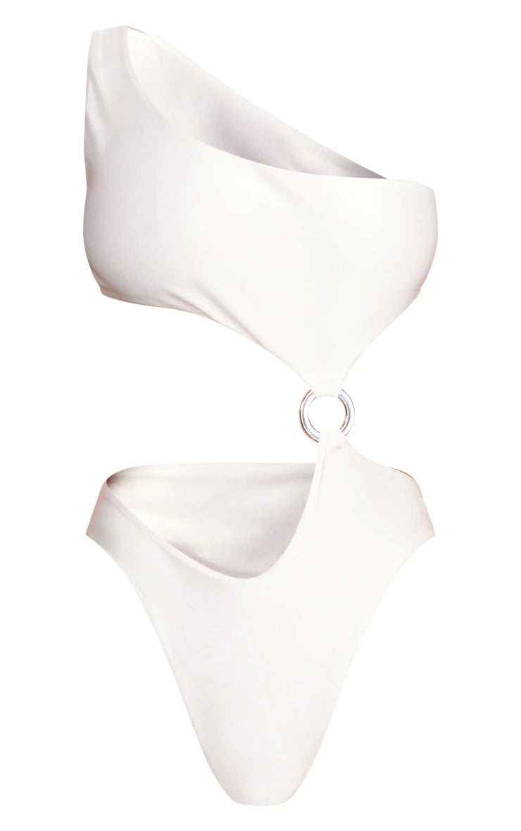 White One Shoulder O Ring Cut Out Swimsuit