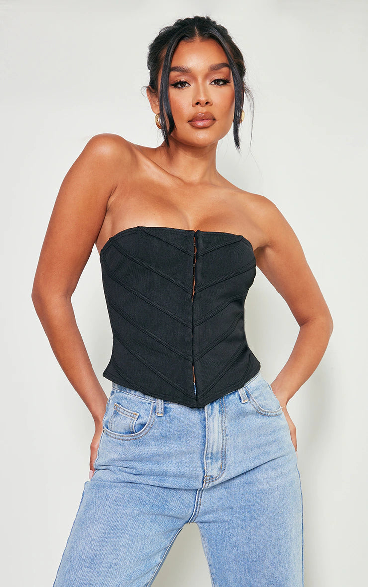 Black Bandage Structured Panelled Hook & Eye Corset