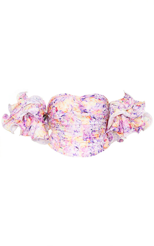 Plus Lilac Floral Print Puff Sleeve Bardot Crop Top