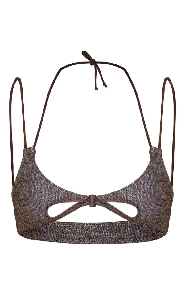 Metallic Textured Double Strap Knot Front Bikini Top