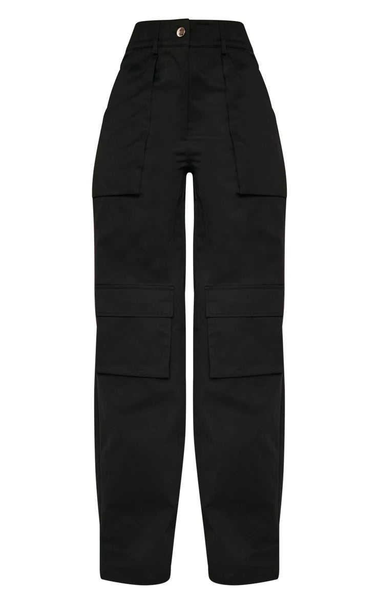 Black Twill Pocket Detail High Waist Cargo Trousers