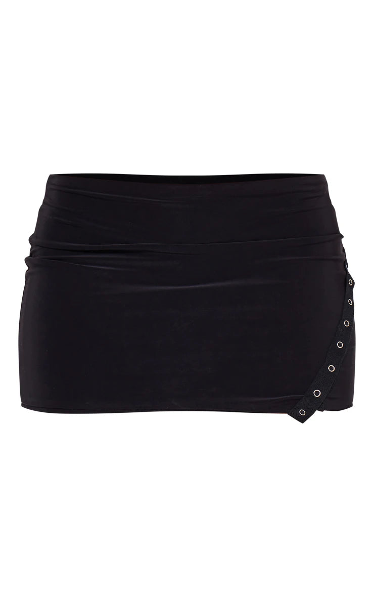 Black Slinky Low Rise Slit Hem Eyelet Detail Micro Mini Skirt