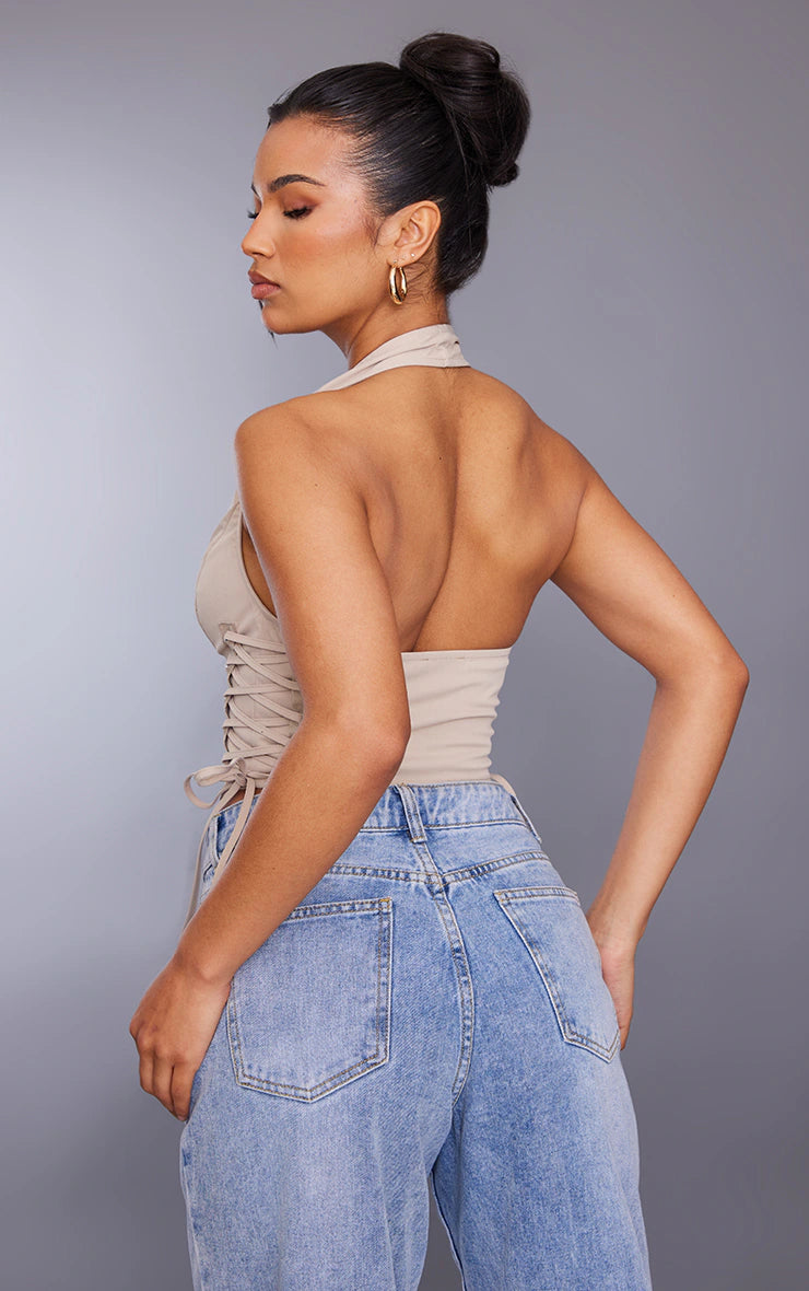 Stone Cargo Lace Up Side Zip Up Crop Top