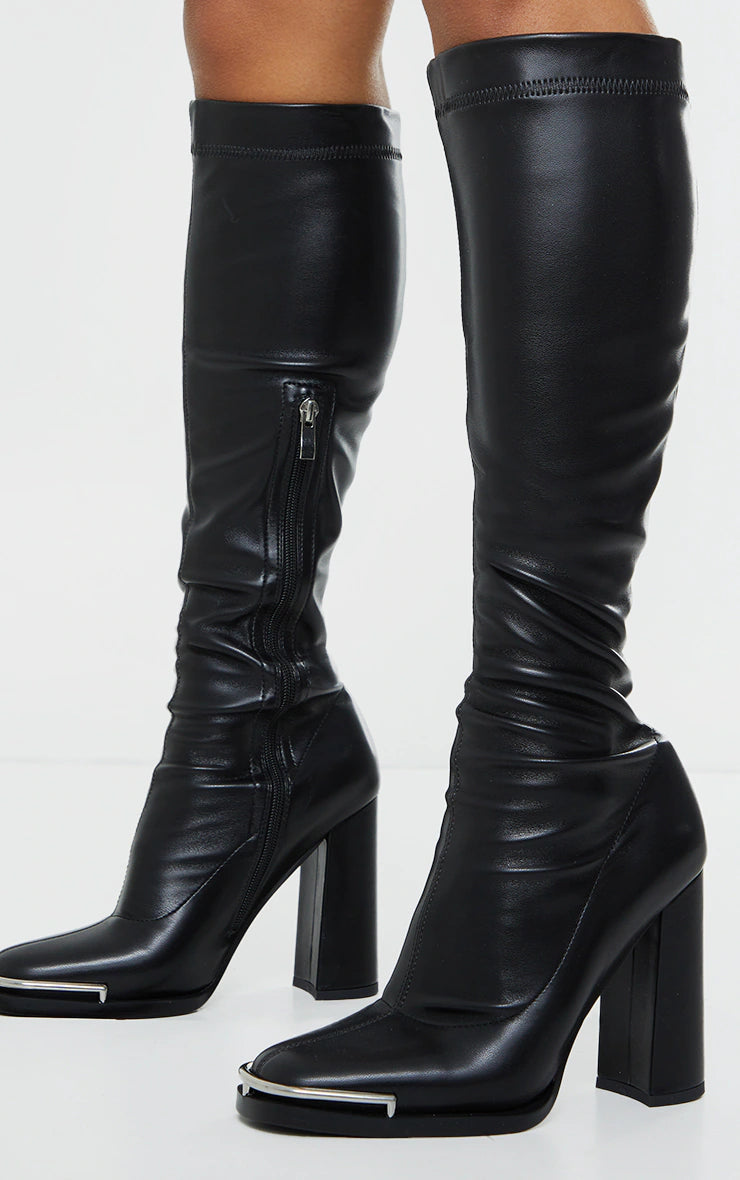 Black Matte PU Round Toe Knee High Heeled Boots