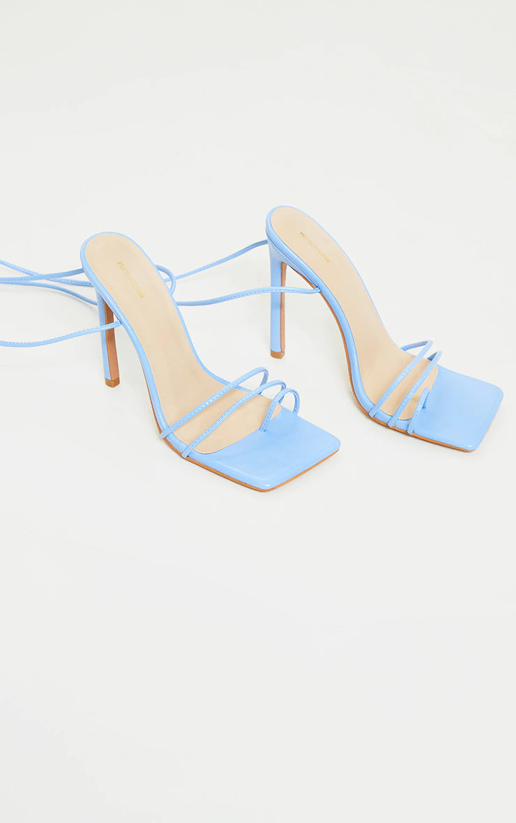 BLUE PU SQUARE TOE LACE UP TOE LOOP HEELS