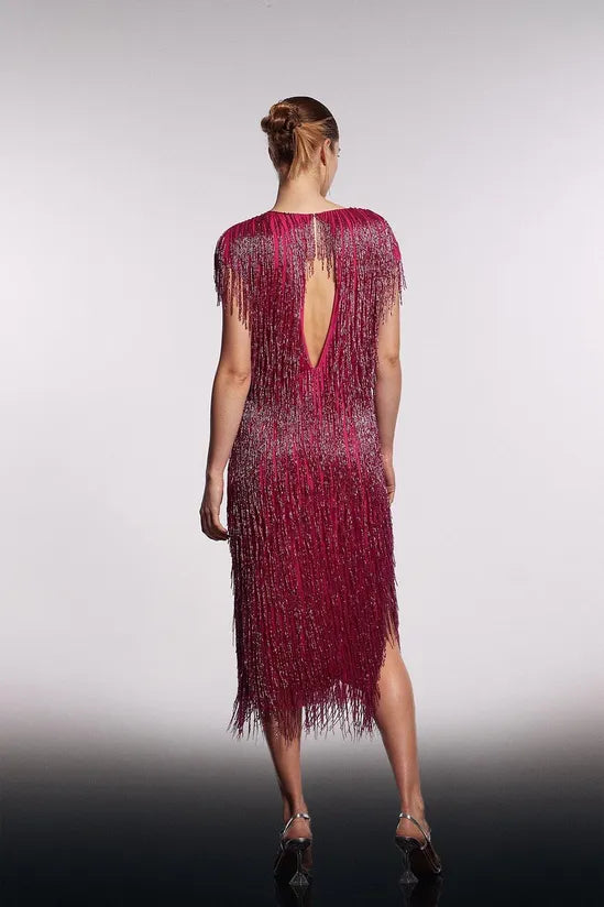 Premium Embellished Fringe Midi Dress