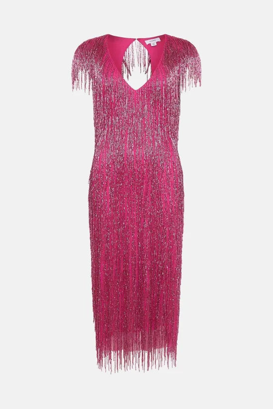 Premium Embellished Fringe Midi Dress