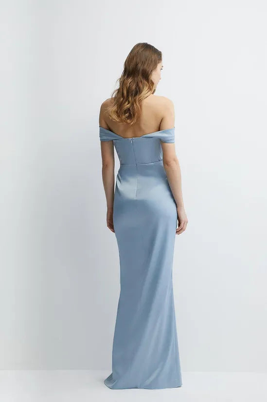 Structured Satin Bardot Wrap Bridesmaids Maxi Dress