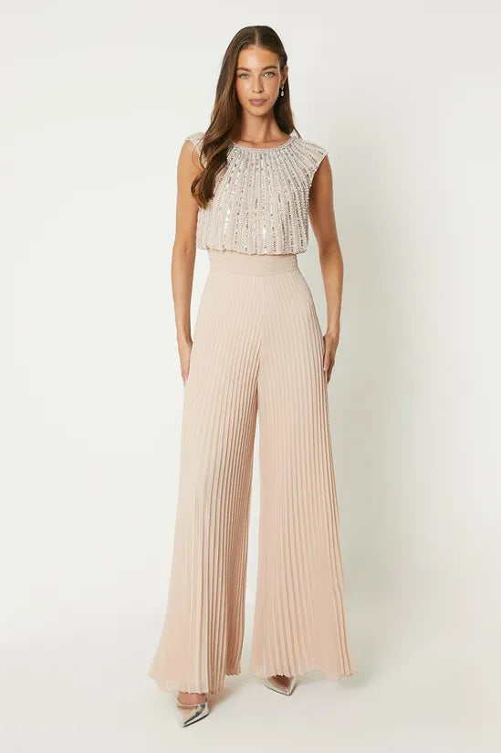 Embellished Bodice Pleat Jumpsuit