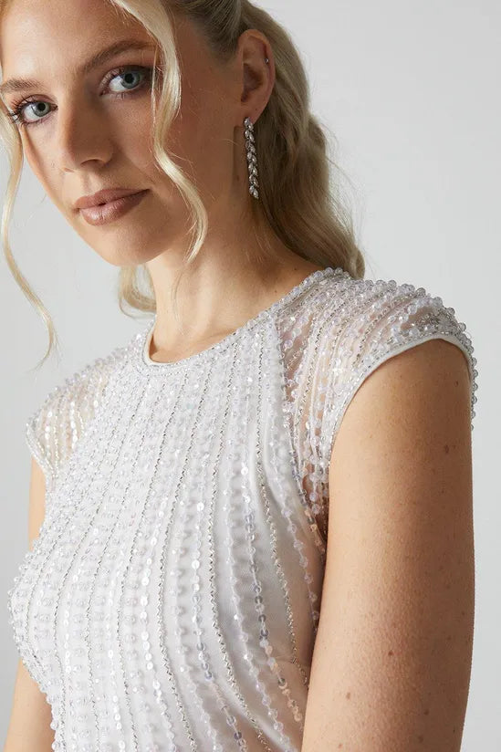 Embellished Cap Sleeve Linear Embellished Wedding Dress