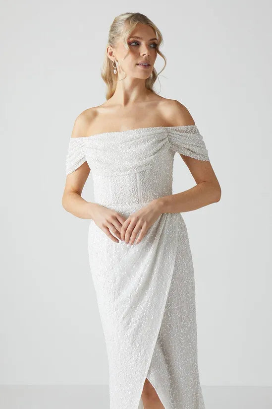 Sequin Bardot Wrap Skirt Wedding Dress