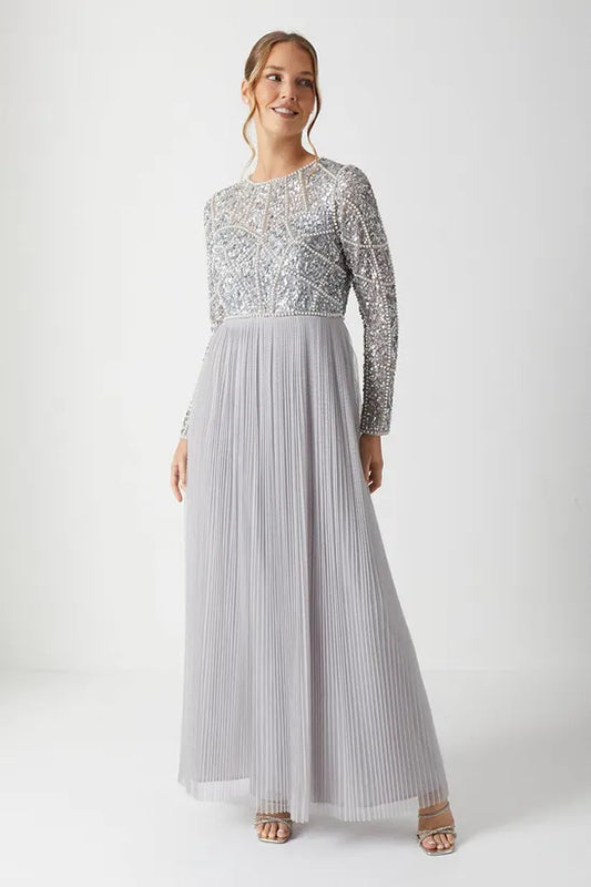 Pearl Embellished Long Sleeve Pleated Bridesmaids Maxi Dress