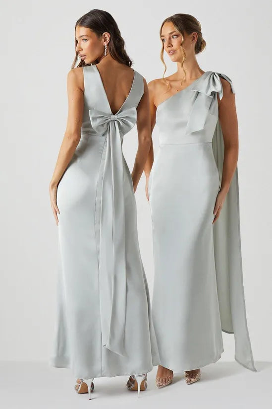 Bow Back V Neck Satin Bridesmaids Dress