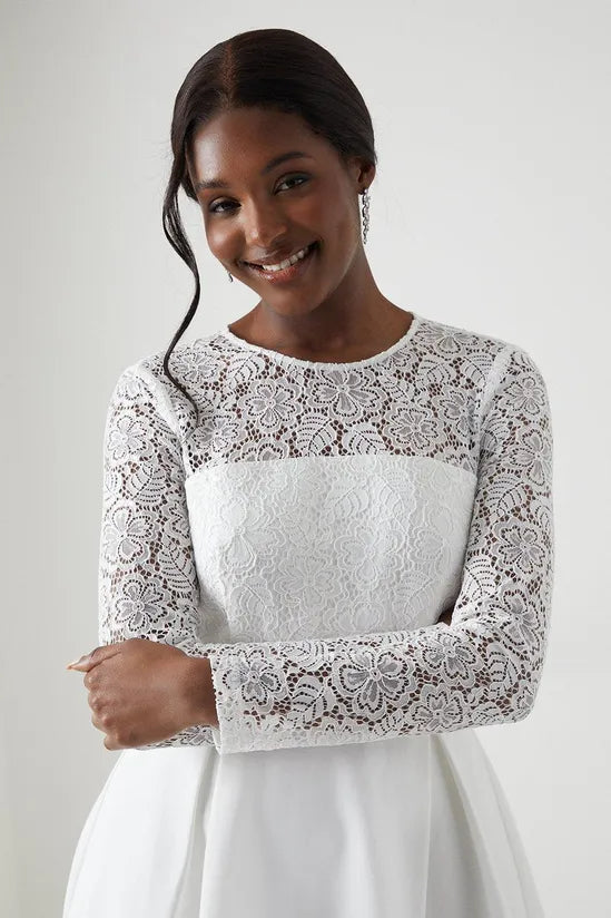 Long Sleeve Lace Ponte Midi Wedding Dress