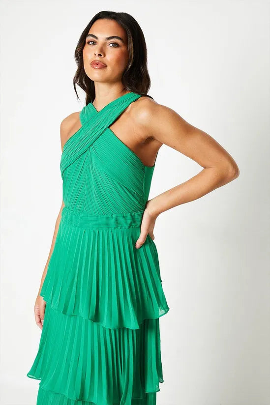 Pleated Bodice Chiffon Tiered Midi Dress