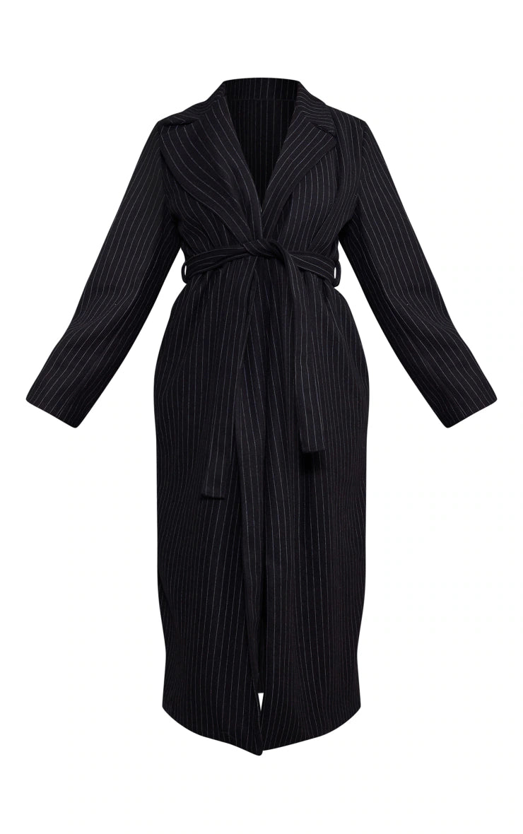 PLUS BLACK PINSTRIPE BELTED COAT