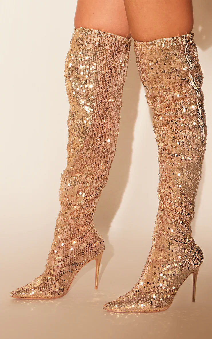 Gold Sequin Point Toe Over The Knee Heeled Boots