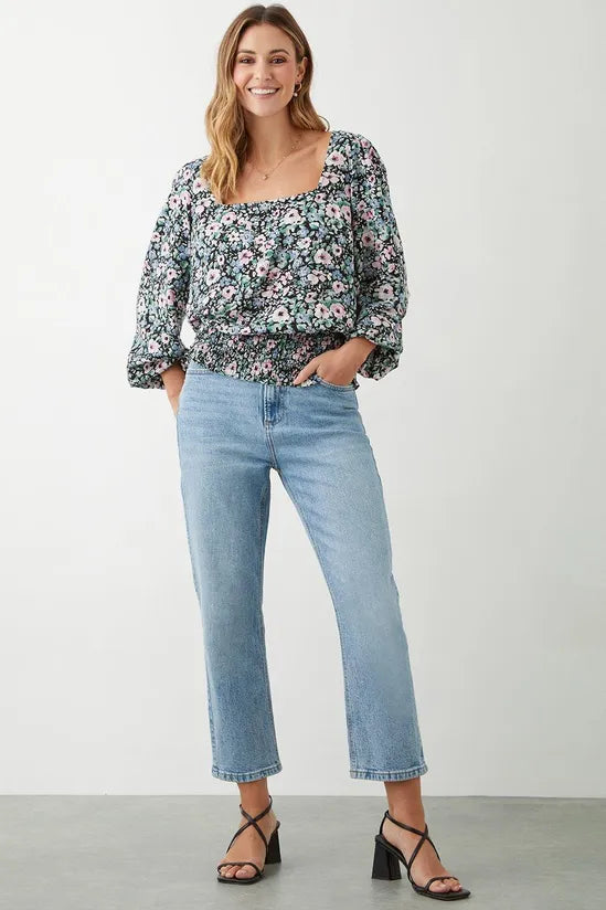 Dorothy Perkins Multi Floral Square Neck Shirred Hem Blouse