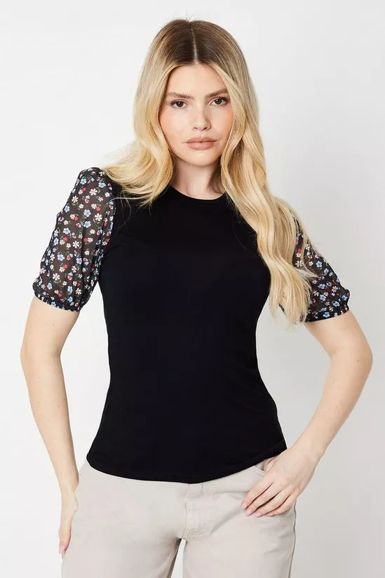 Contrast Mesh Sleeve Top