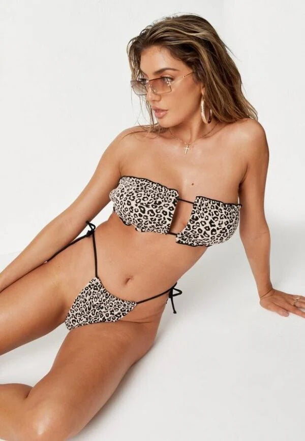 Brown Leopard Print Jacquard Tie Side Bikini Bottoms