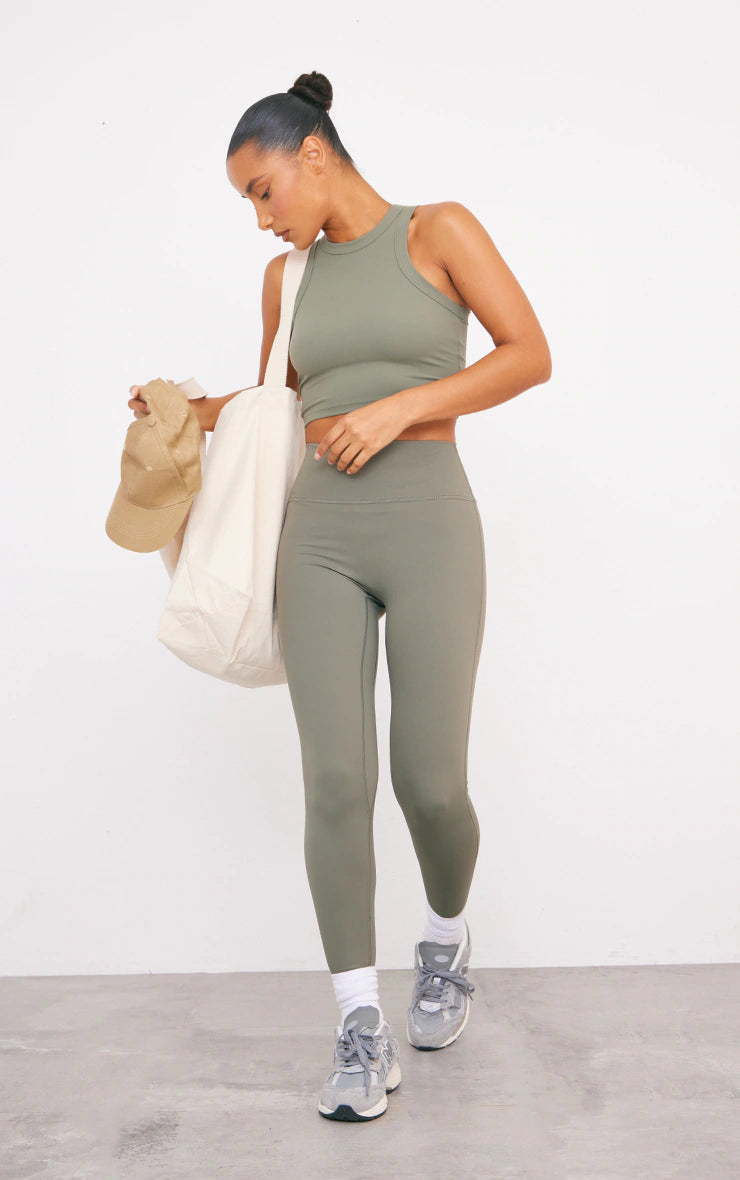 Olive Sculpt Cropped Gym Racer Top