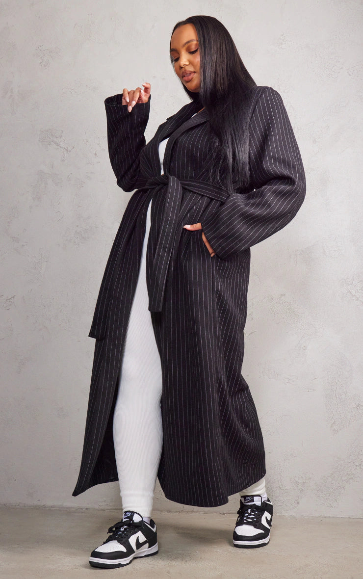 PLUS BLACK PINSTRIPE BELTED COAT