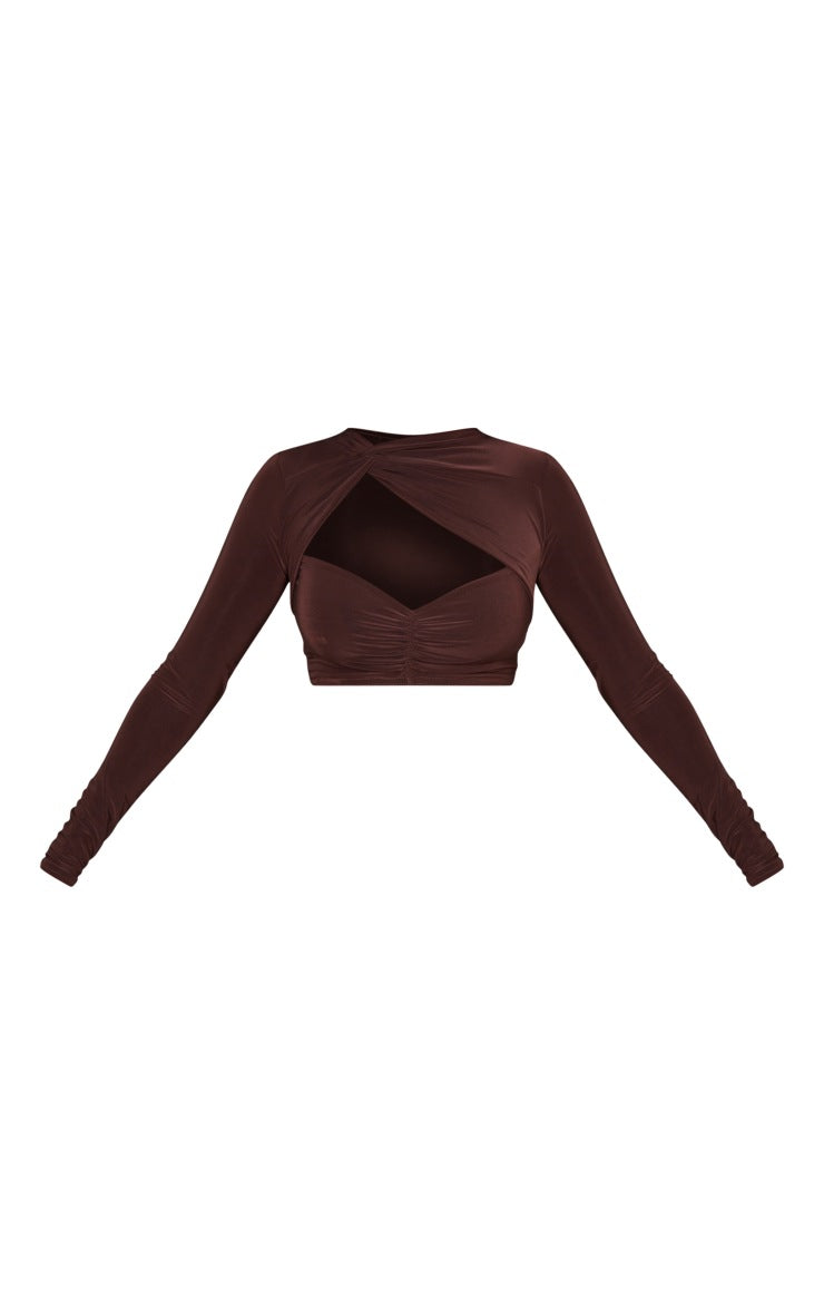 PETITE CHOCOLATE SLINKY LONG SLEEVE PLUNGE CUT OUT CROP TOP