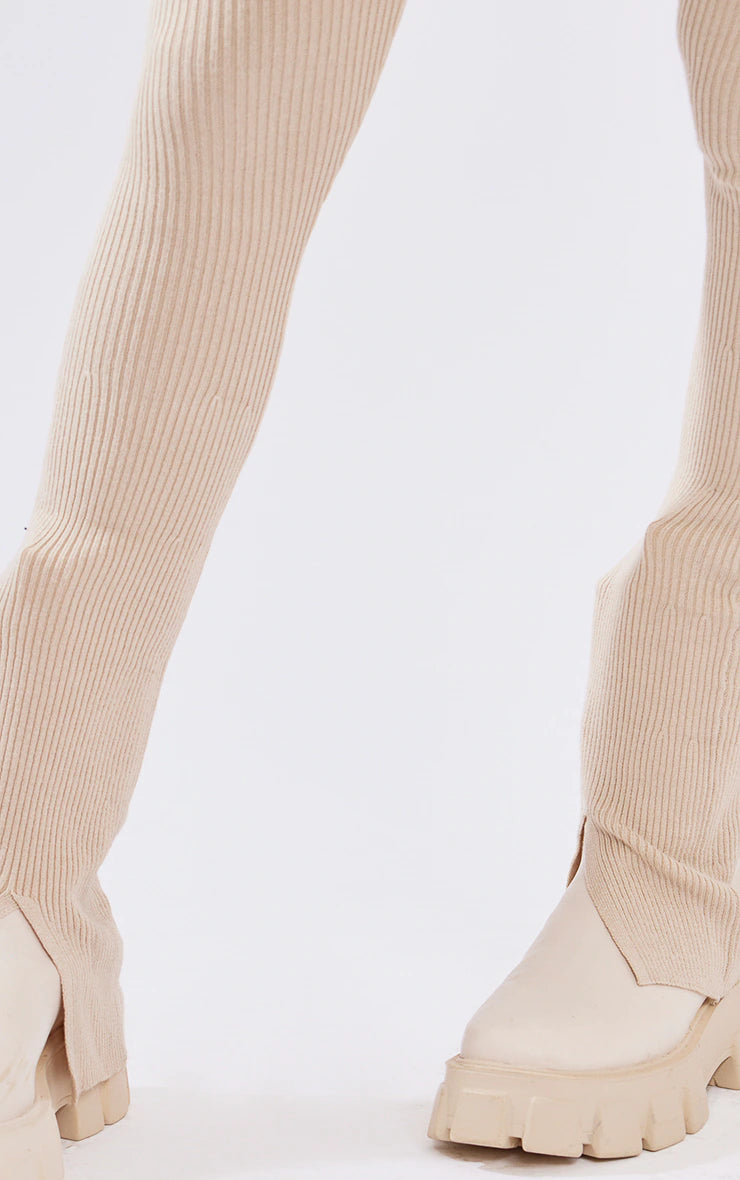 Oatmeal Knitted Split Hem Flare Pants