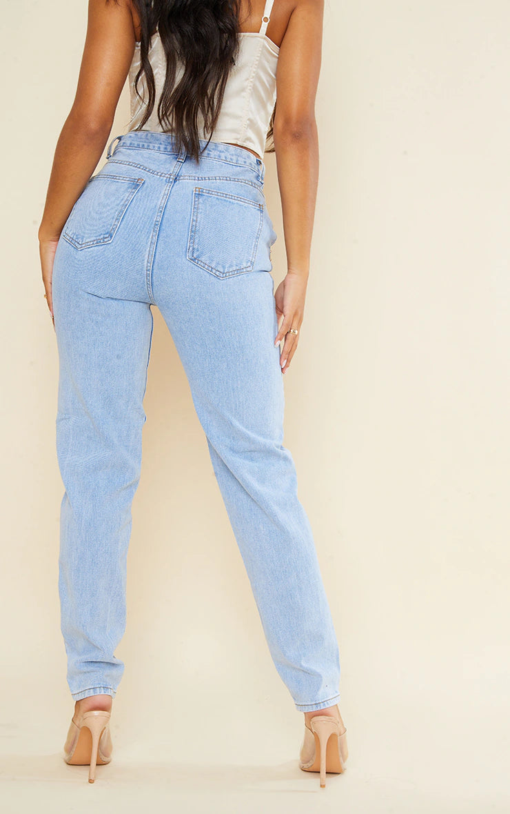 Light Blue Wash Asymmetric Waistband Long Straight Leg Jeans