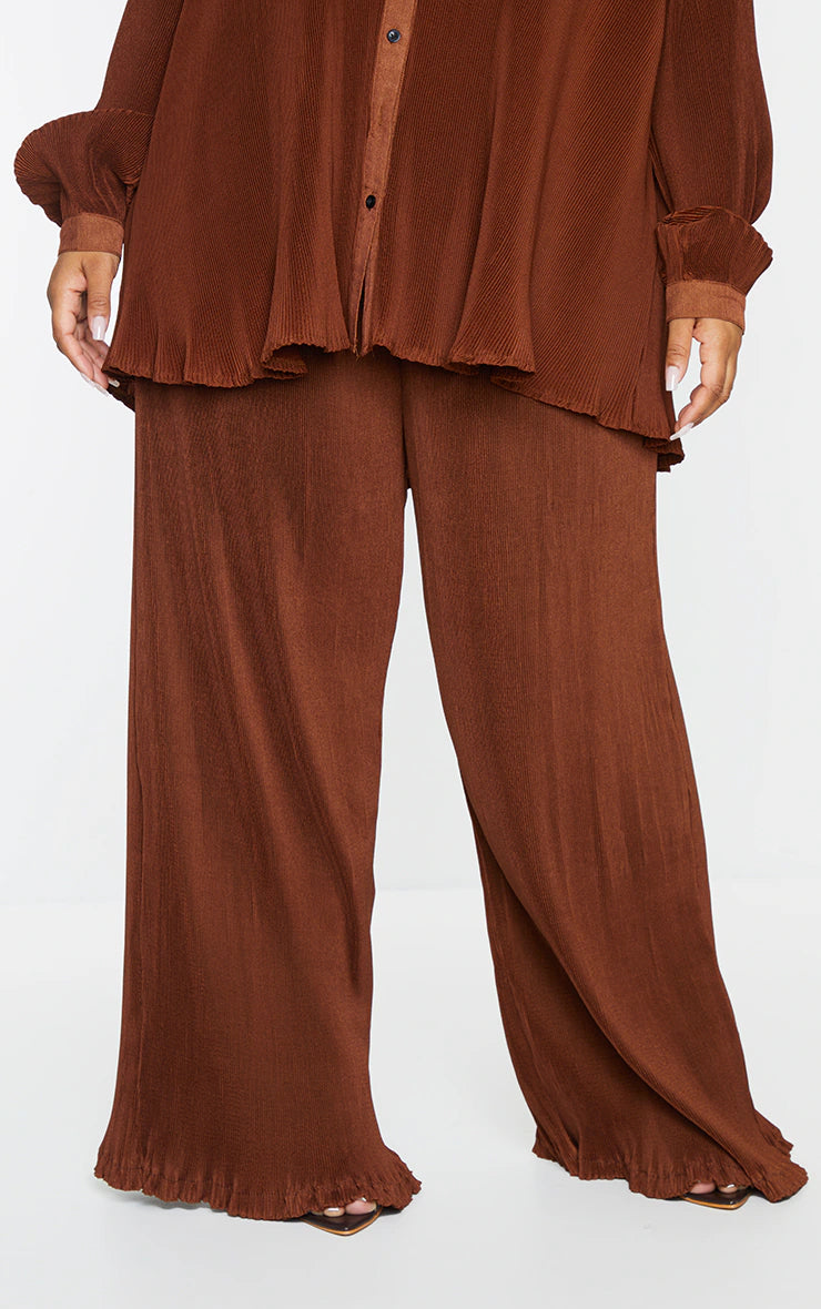 PLUS CHOCOLATE PLISSE HIGH WAISTED WIDE LEG PANTS