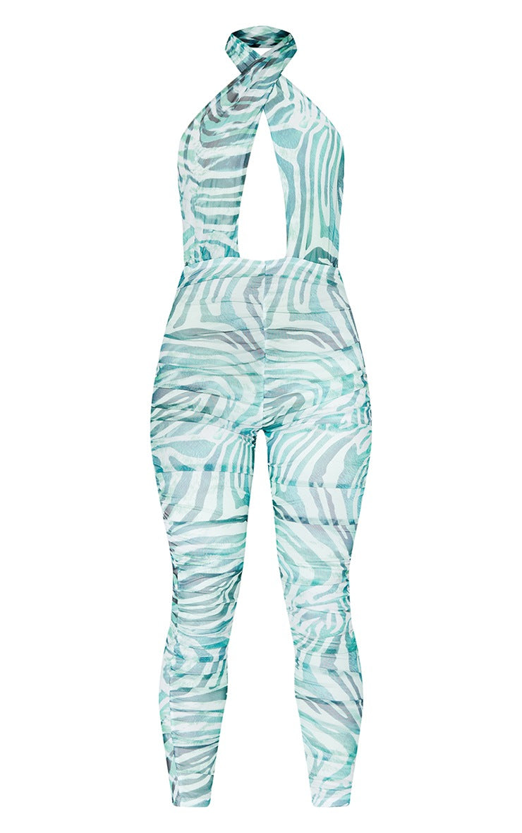 Green Zebra Print Mesh Cross Bust Ruched Jumpsuit