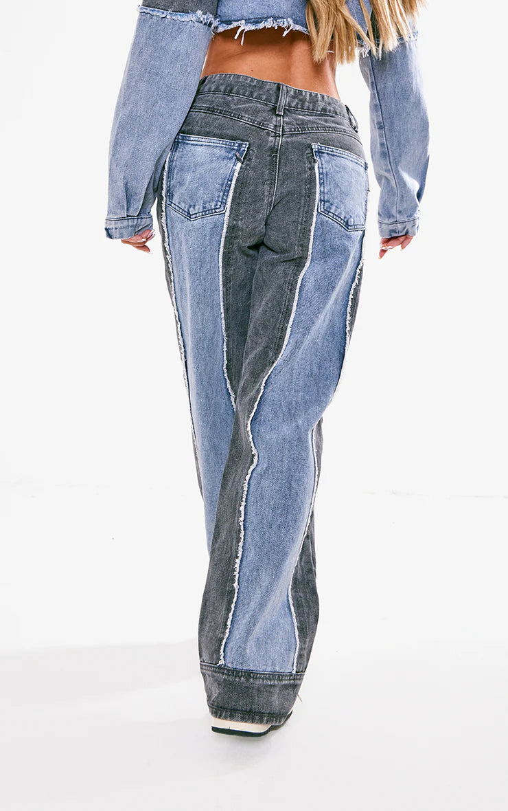 Washed Grey Double Layered Denim Straight Leg Jeans