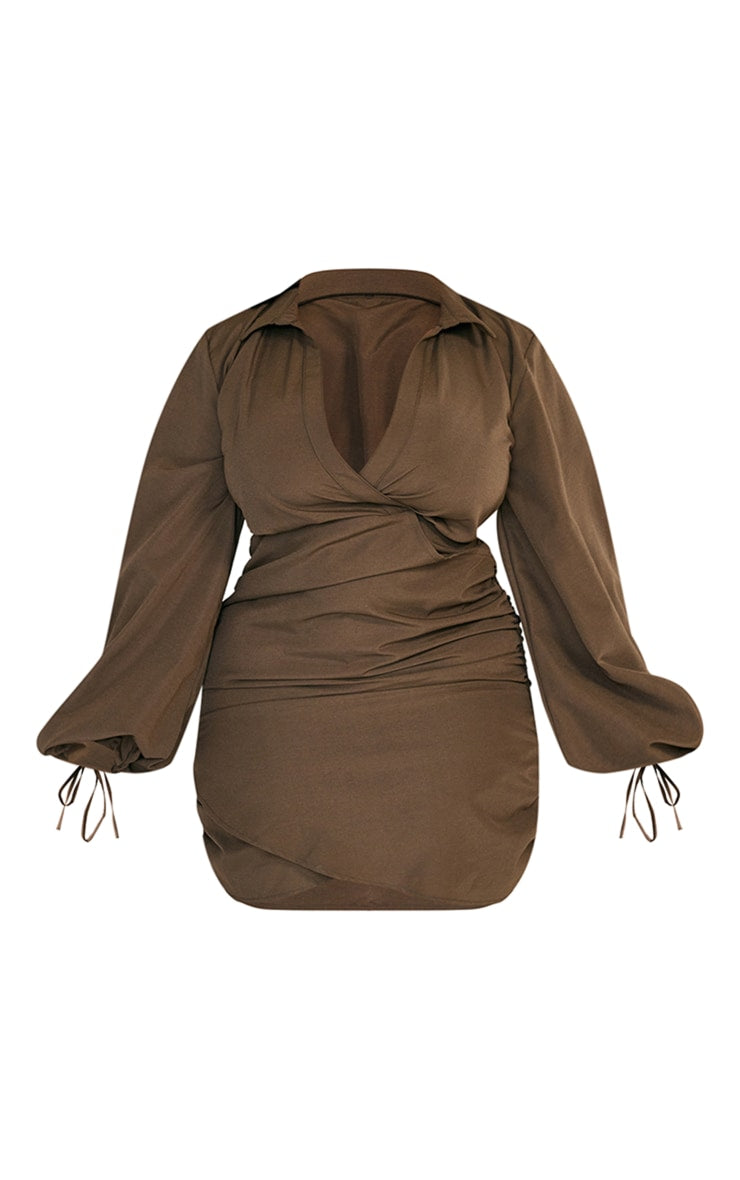 Plus Khaki Plunge Ruched Tie Cuff Shirt Bodycon Dress