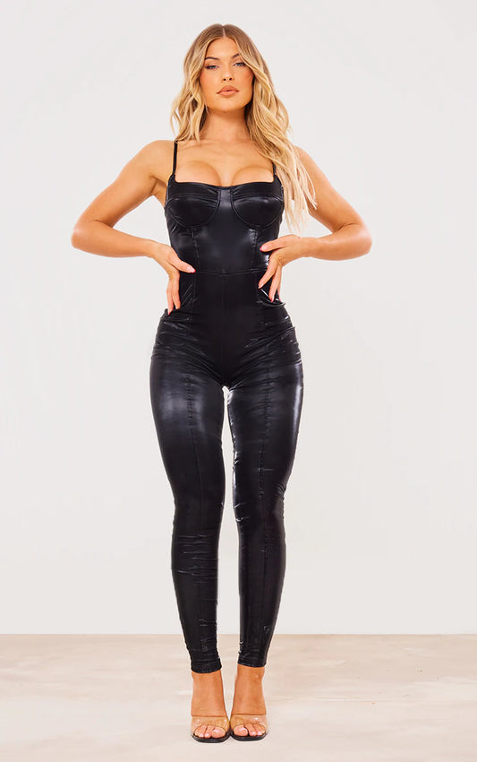 Black Matte Vinyl Underwired Strappy Jumpsuit