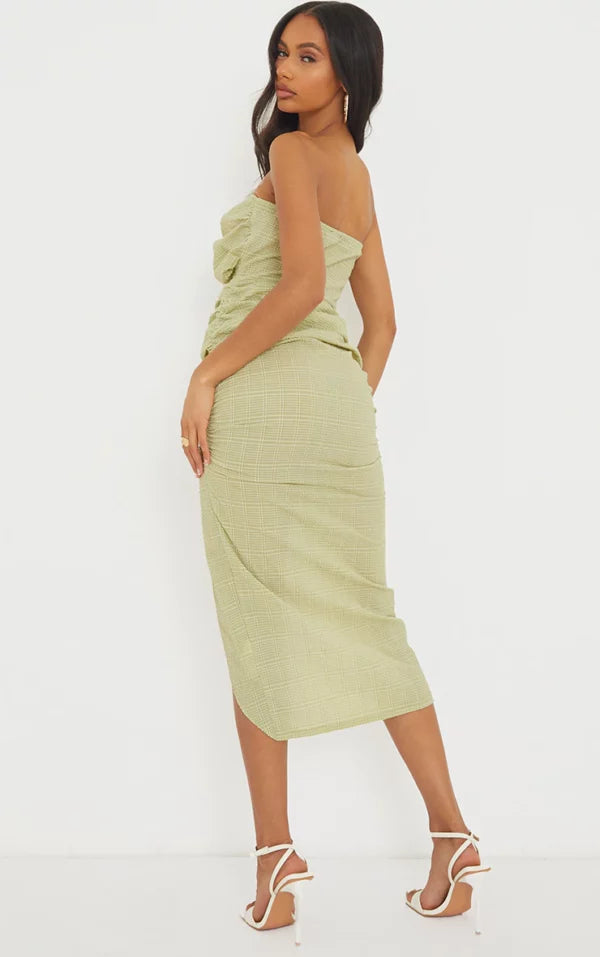 Green Textured Bandeau Cut Out Ruched Midi Dress