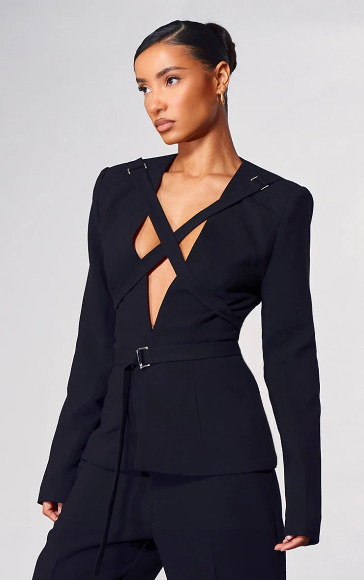 LABEL BLACK STRAP DETAIL CROSS OVER OVERSIZED BLAZER