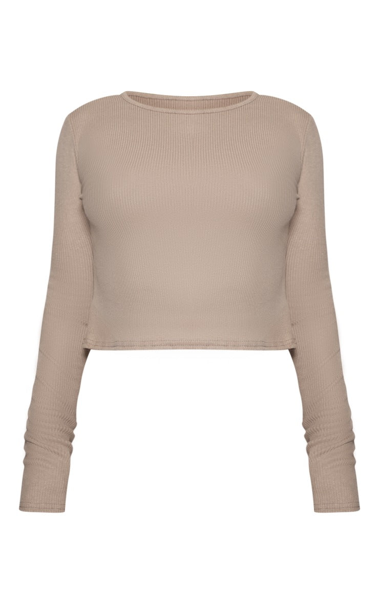 GREY SOFT BRUSHED RIB LONG SLEEVE TOP