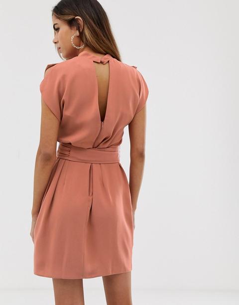 Split Sleeve Mini Dress With Obi Belt In Terracotta