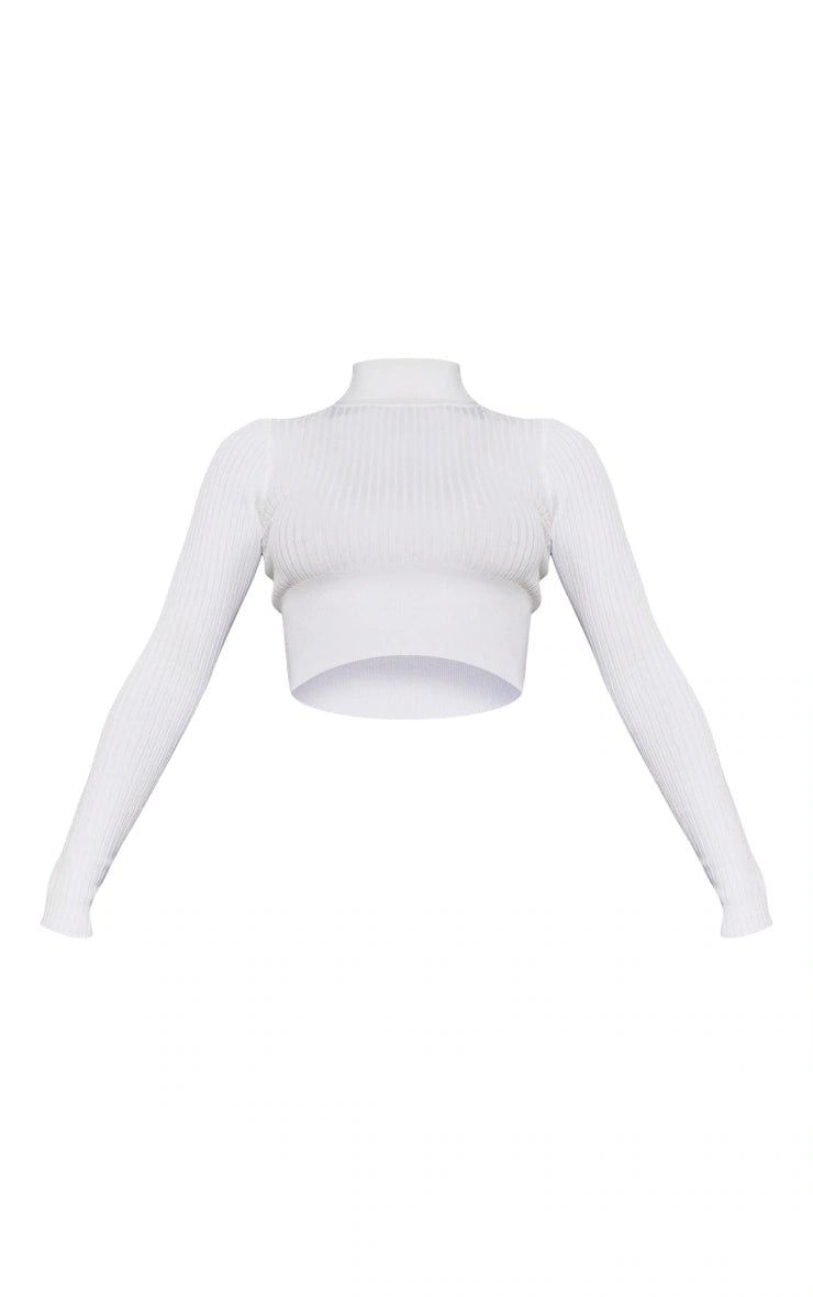 Cream Ribbed Knitted Roll Neck Cropped Sweater