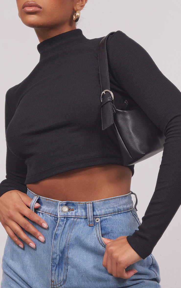 BLACK BASIC SOFT RIBBED HIGH NECK LONG SLEEVE CROP TOP