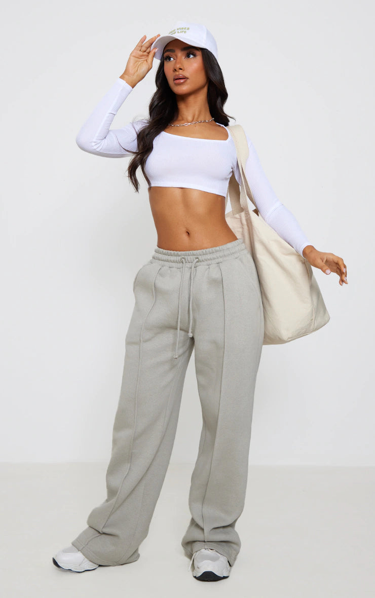 Petite White Square Neck Ribbed Long Sleeve Crop Top