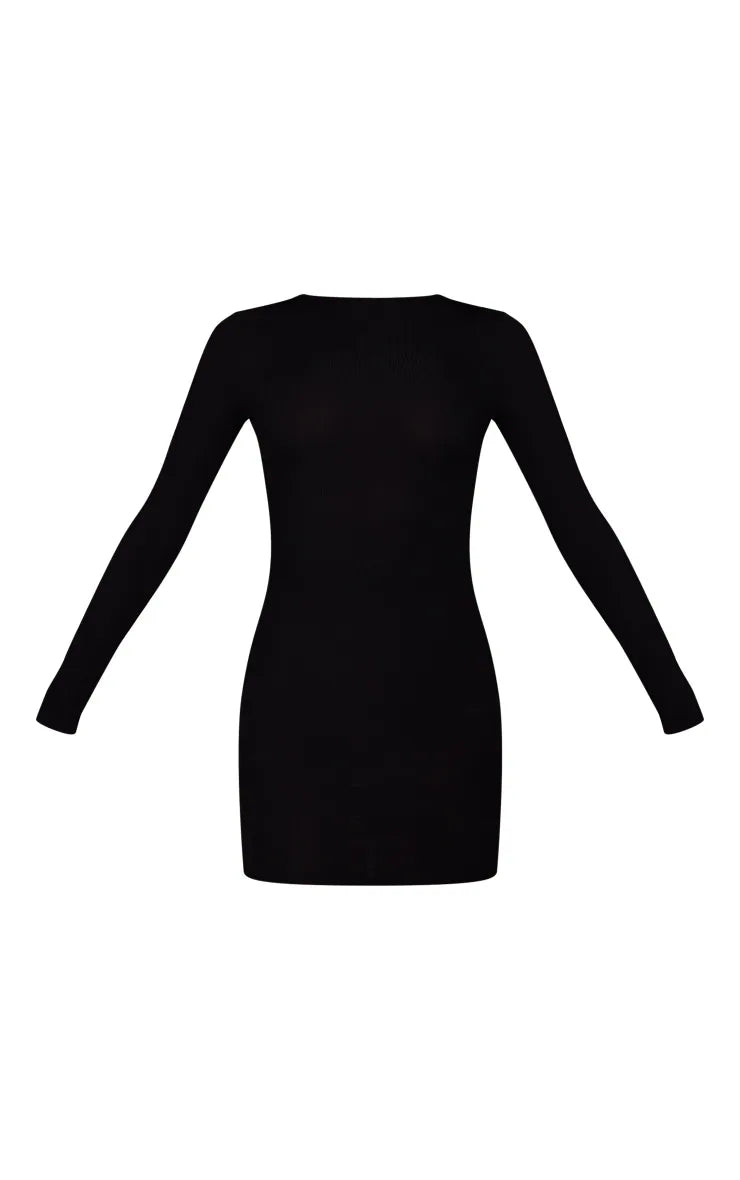 Basic Black Ribbed Long Sleeve Bodycon Dress