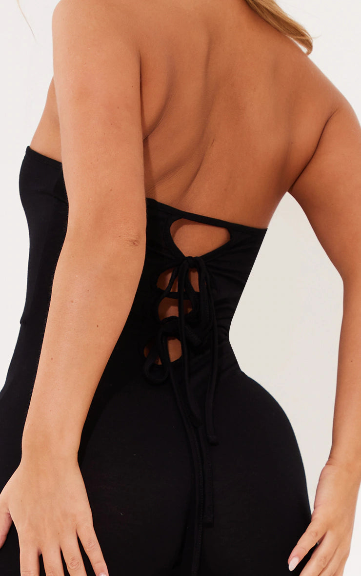 BLACK JERSEY BANDEAU TIE BACK DETAIL JUMPSUIT