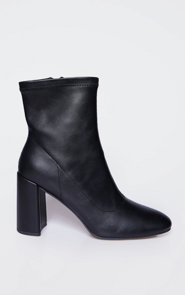 BLACK PU ROUND TOE HEELED ANKLE SOCK BOOTS