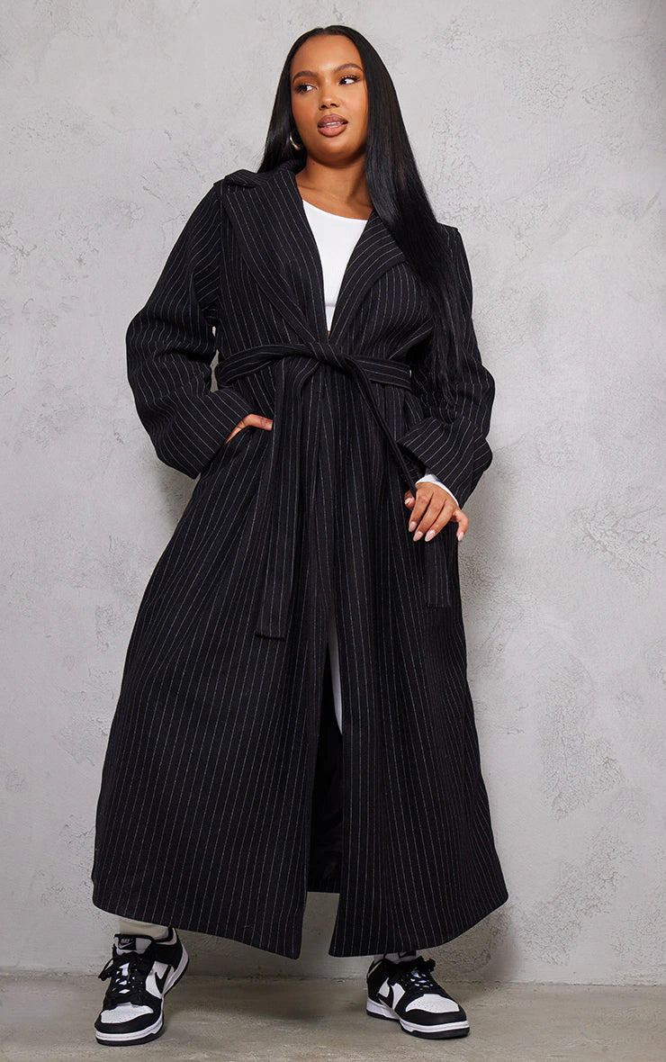 PLUS BLACK PINSTRIPE BELTED COAT