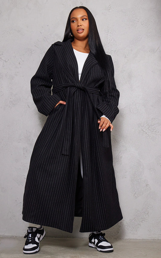 PLUS BLACK PINSTRIPE BELTED COAT