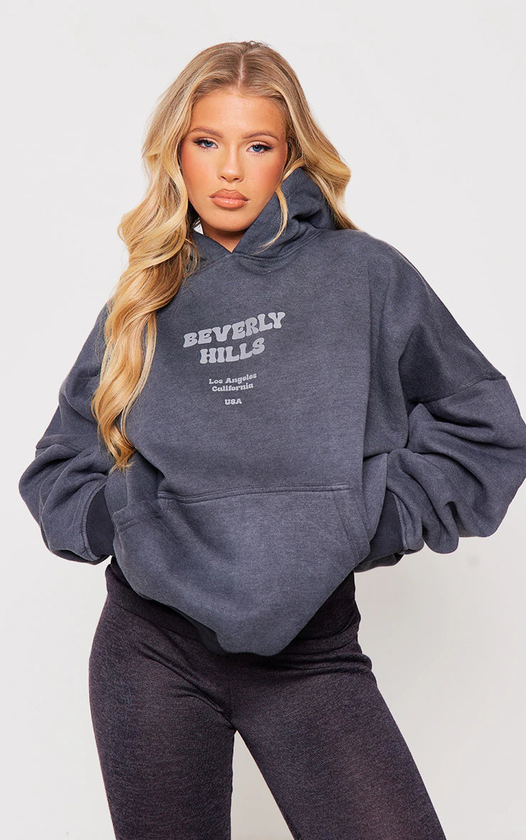 Charcoal Washed Beverly Hills Printed Hoodie